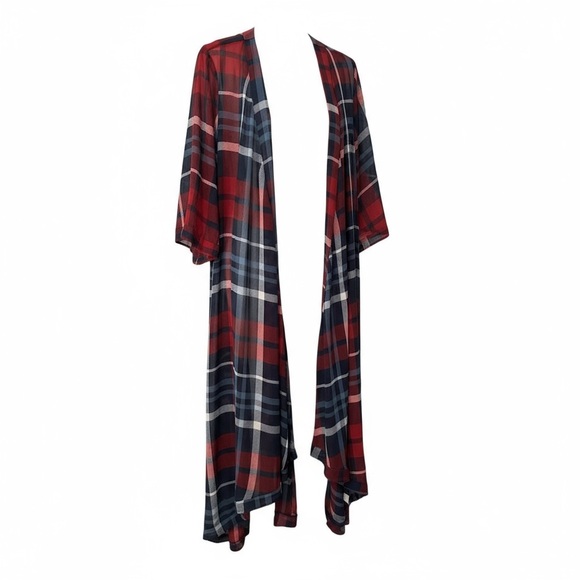 TORRID 0 0X XL Red Blue White Black Plaid Long Kimono Tunic R $69 - Picture 4 of 13